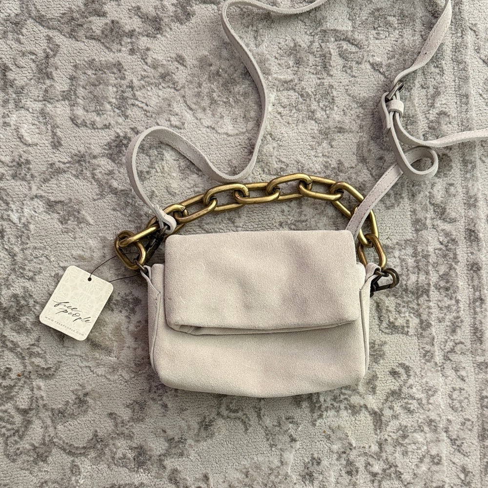 Free People Suede Cream Bag with Gold Chain